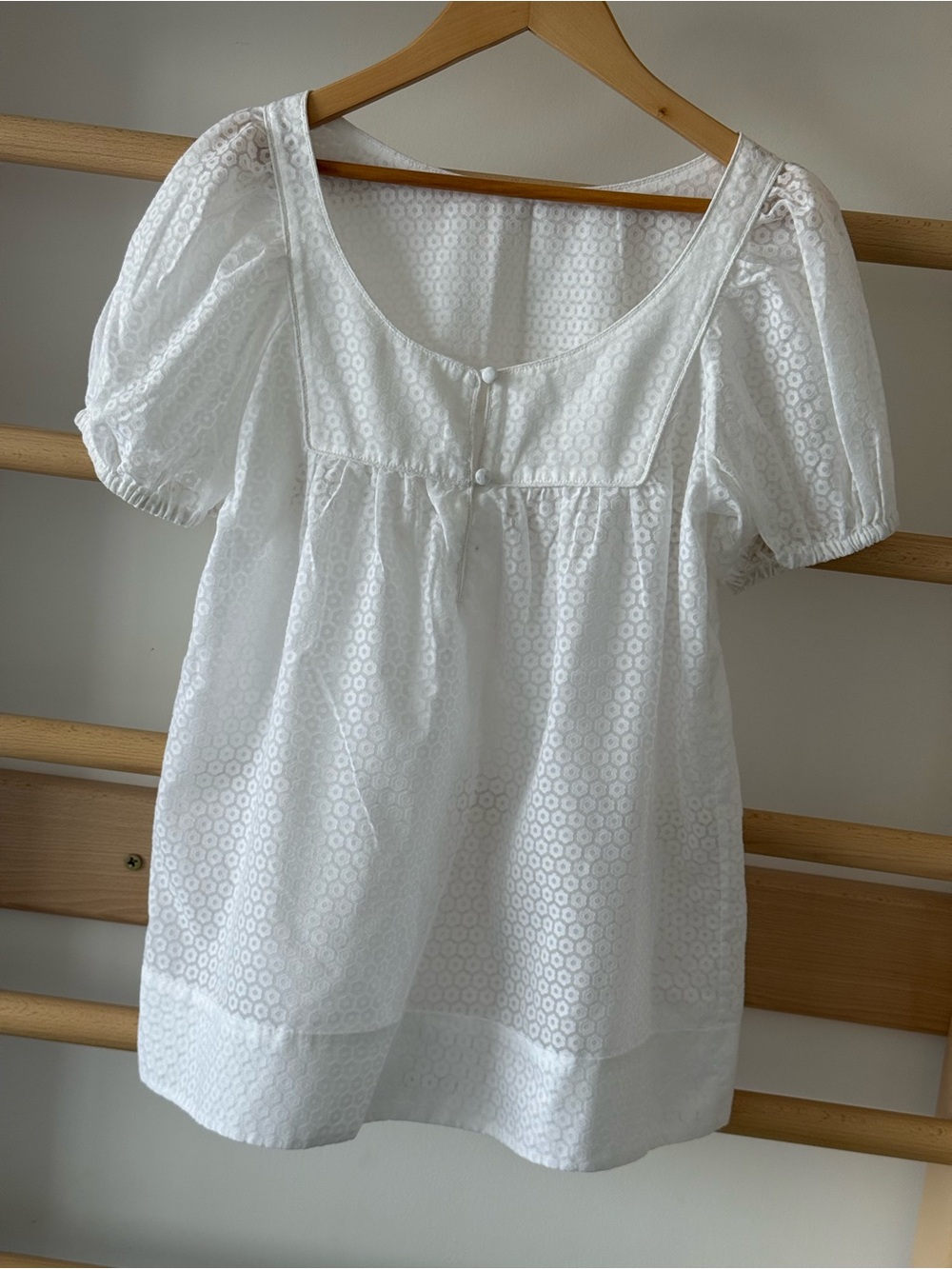 White Cotton Floral Jacquard Puff Sleeve Babydoll Blouse